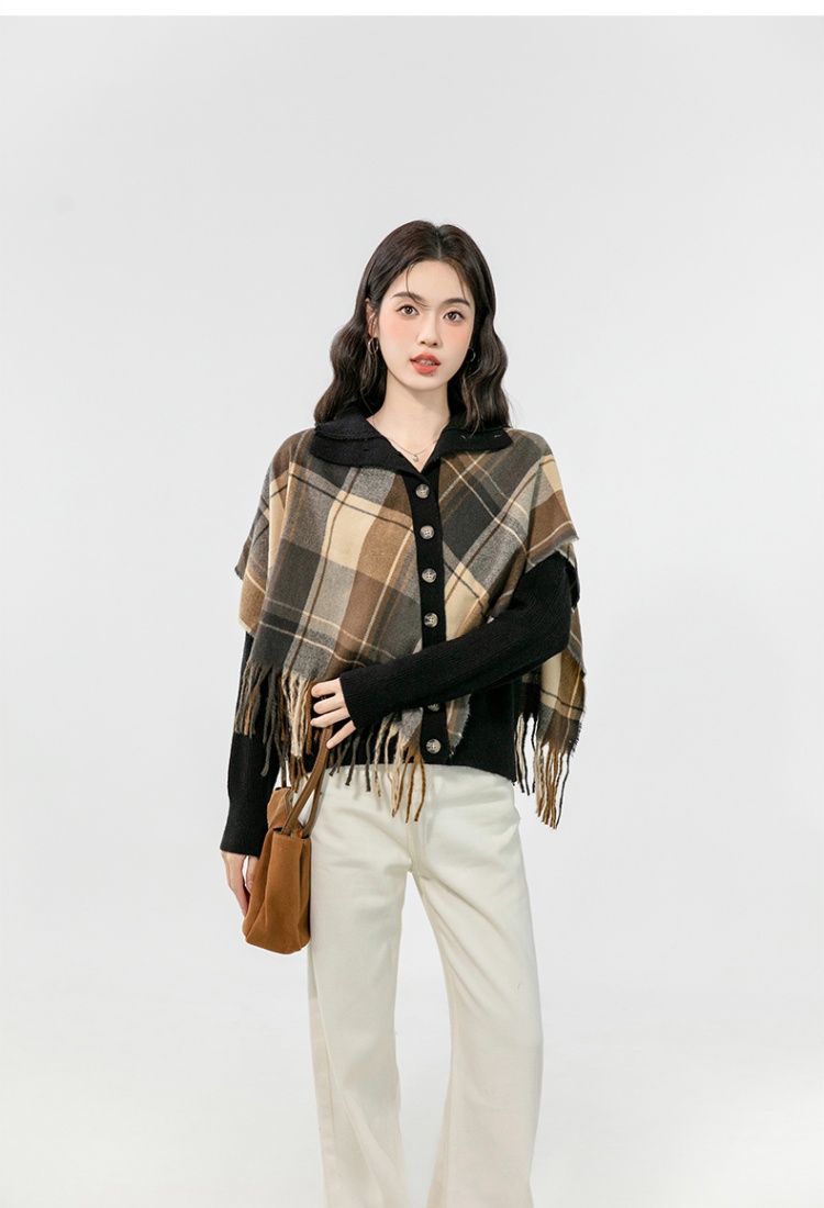 Plaid retro coat autumn and winter tassels sweater