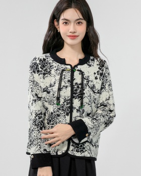 Court style printing woolen coat cstand collar ink tops