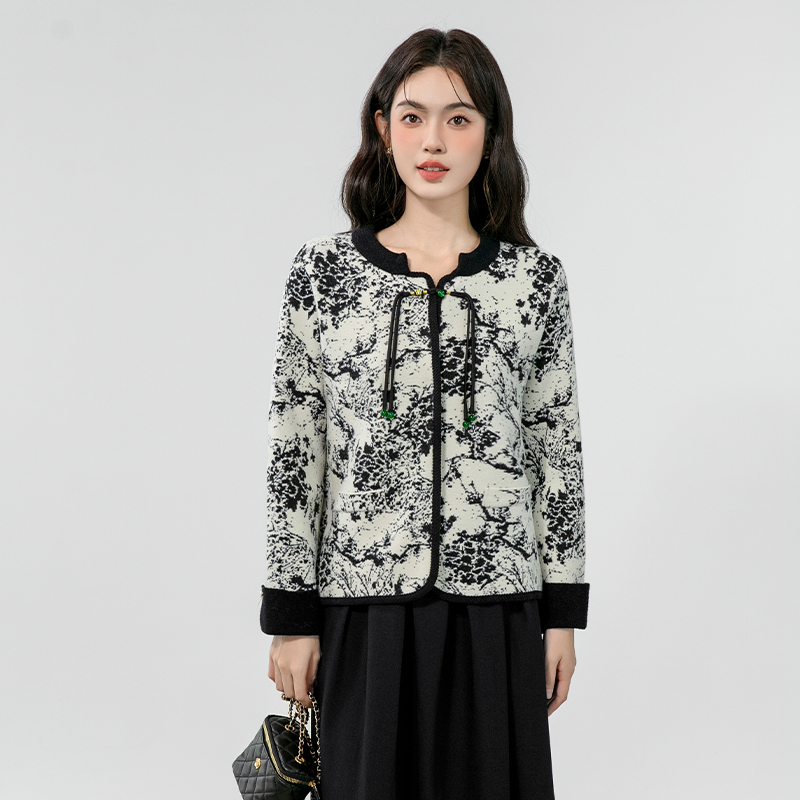 Court style printing woolen coat cstand collar ink tops