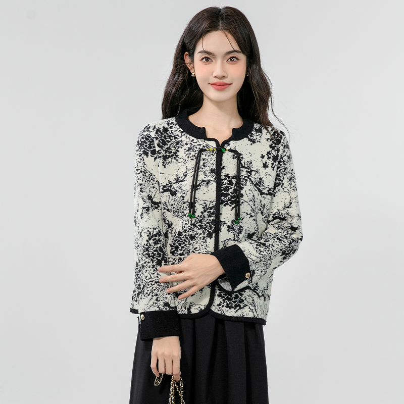 Court style printing woolen coat cstand collar ink tops