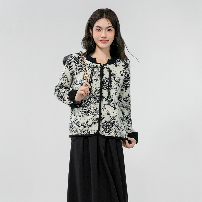 Court style printing woolen coat cstand collar ink tops