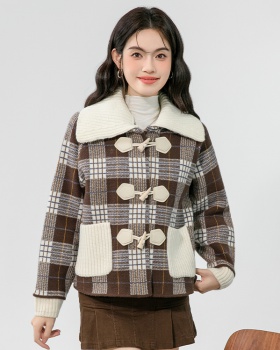 Horn buckle woolen cardigan plaid tops for women