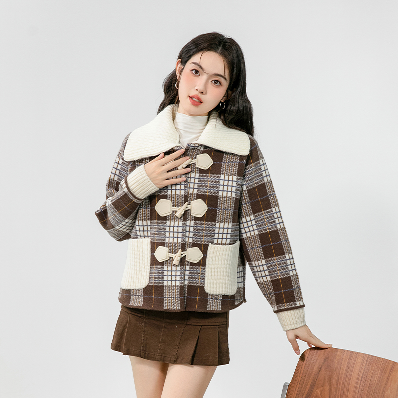 Horn buckle woolen cardigan plaid tops for women