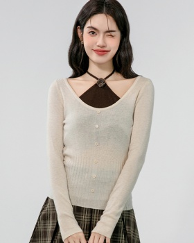 Slim enticement autumn tops thin Pseudo-two sweater