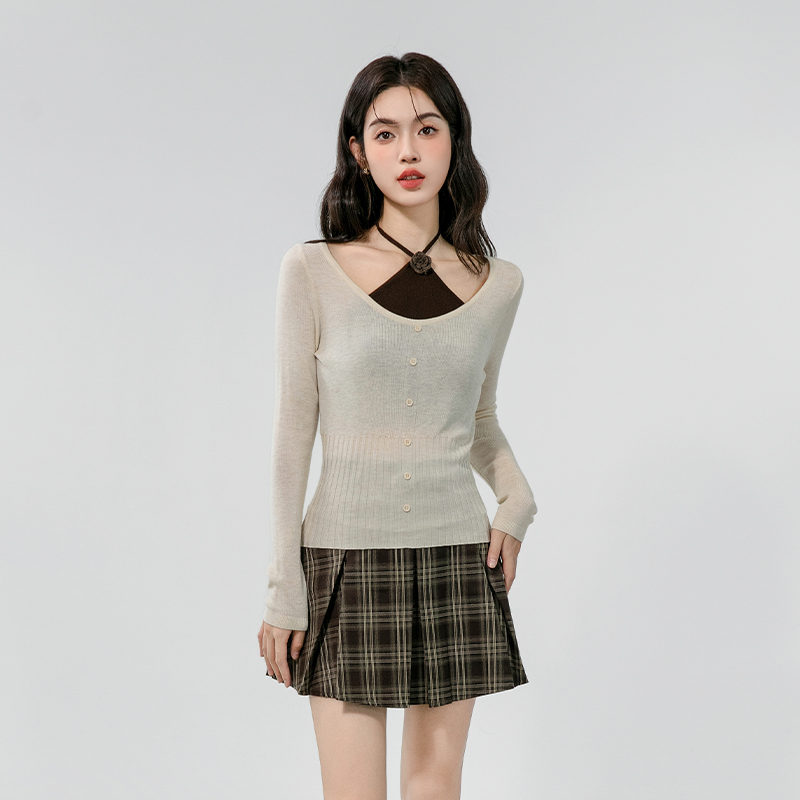 Slim enticement autumn tops thin Pseudo-two sweater