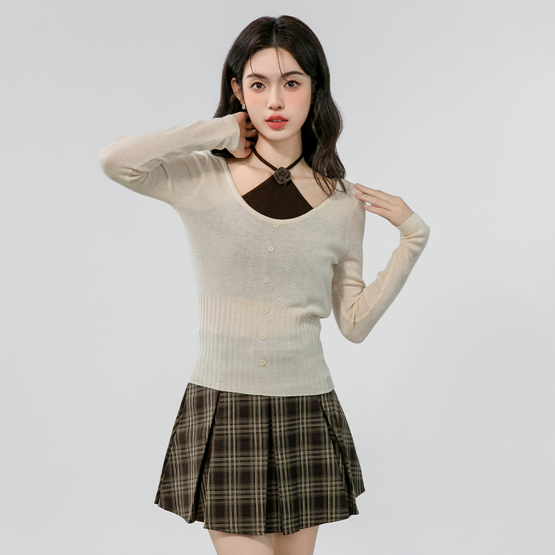 Slim enticement autumn tops thin Pseudo-two sweater