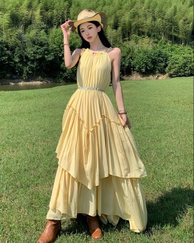 Vacation sling dress halter yellow long dress