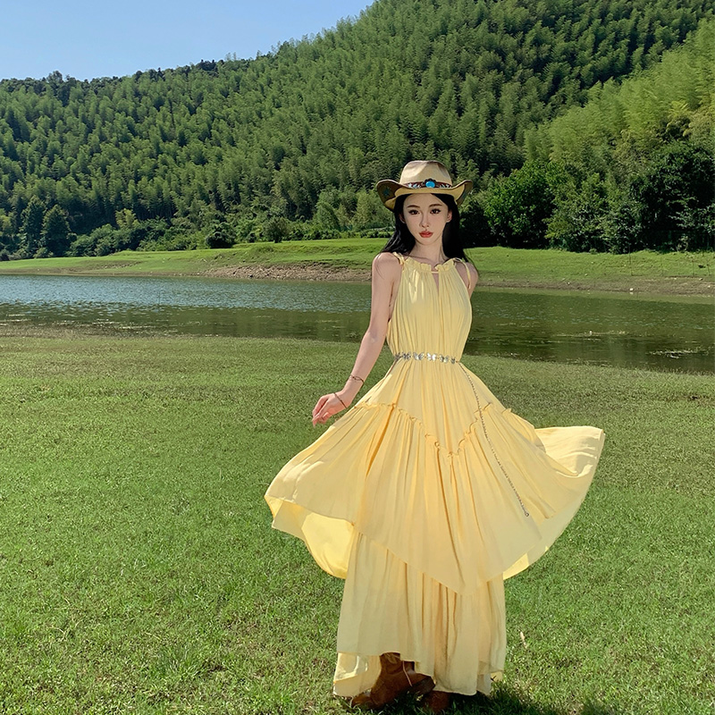 Vacation sling dress halter yellow long dress