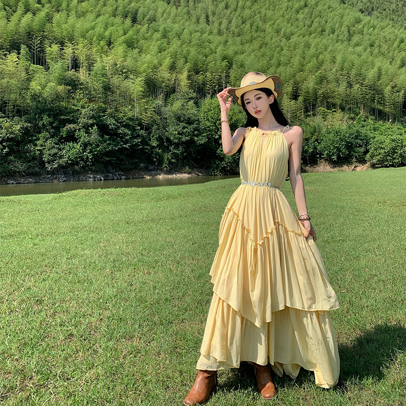 Vacation sling dress halter yellow long dress