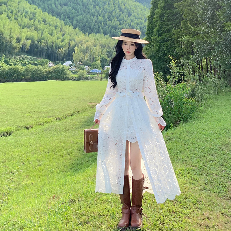 Hollow Bohemian style shorts vacation white dress 2pcs set