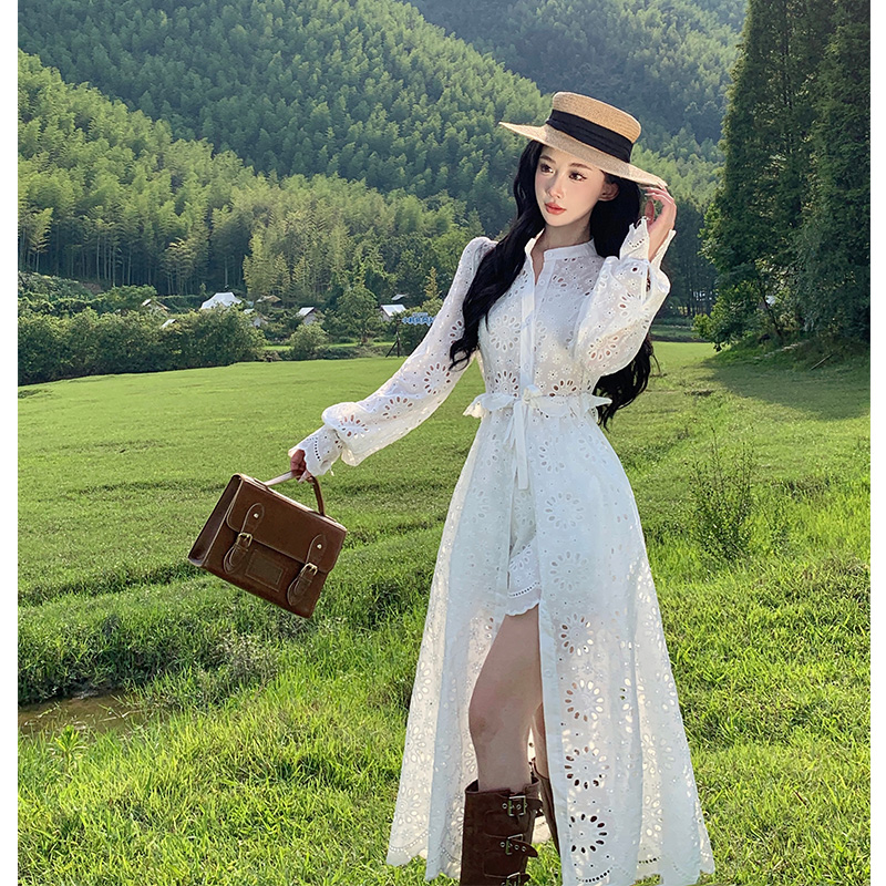 Hollow Bohemian style shorts vacation white dress 2pcs set