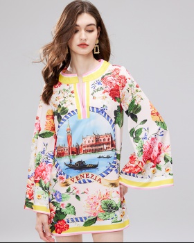 Retro short round neck long sleeve split printing dress