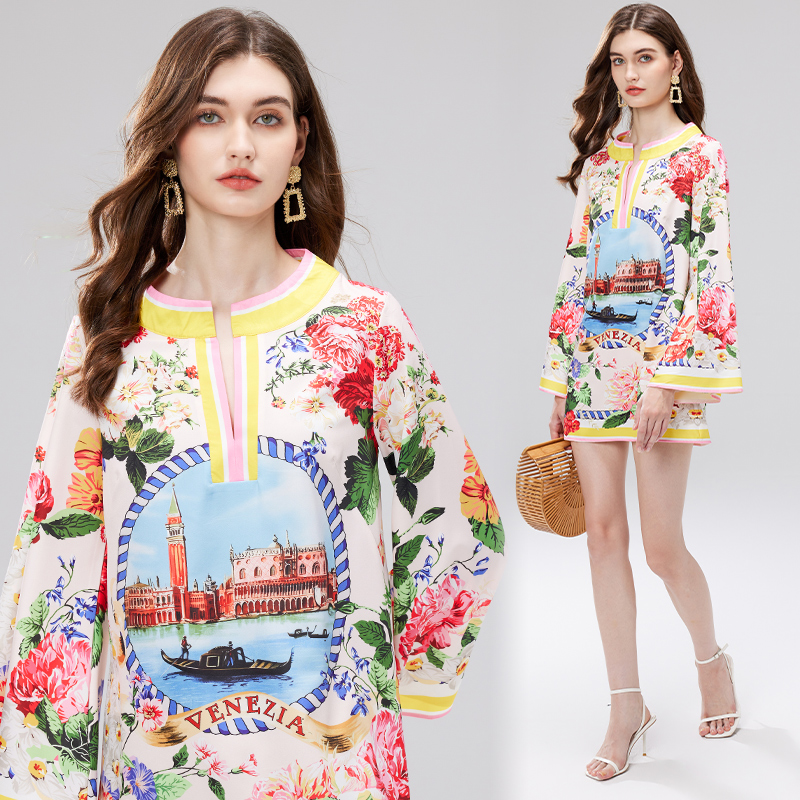 Retro short round neck long sleeve split printing dress