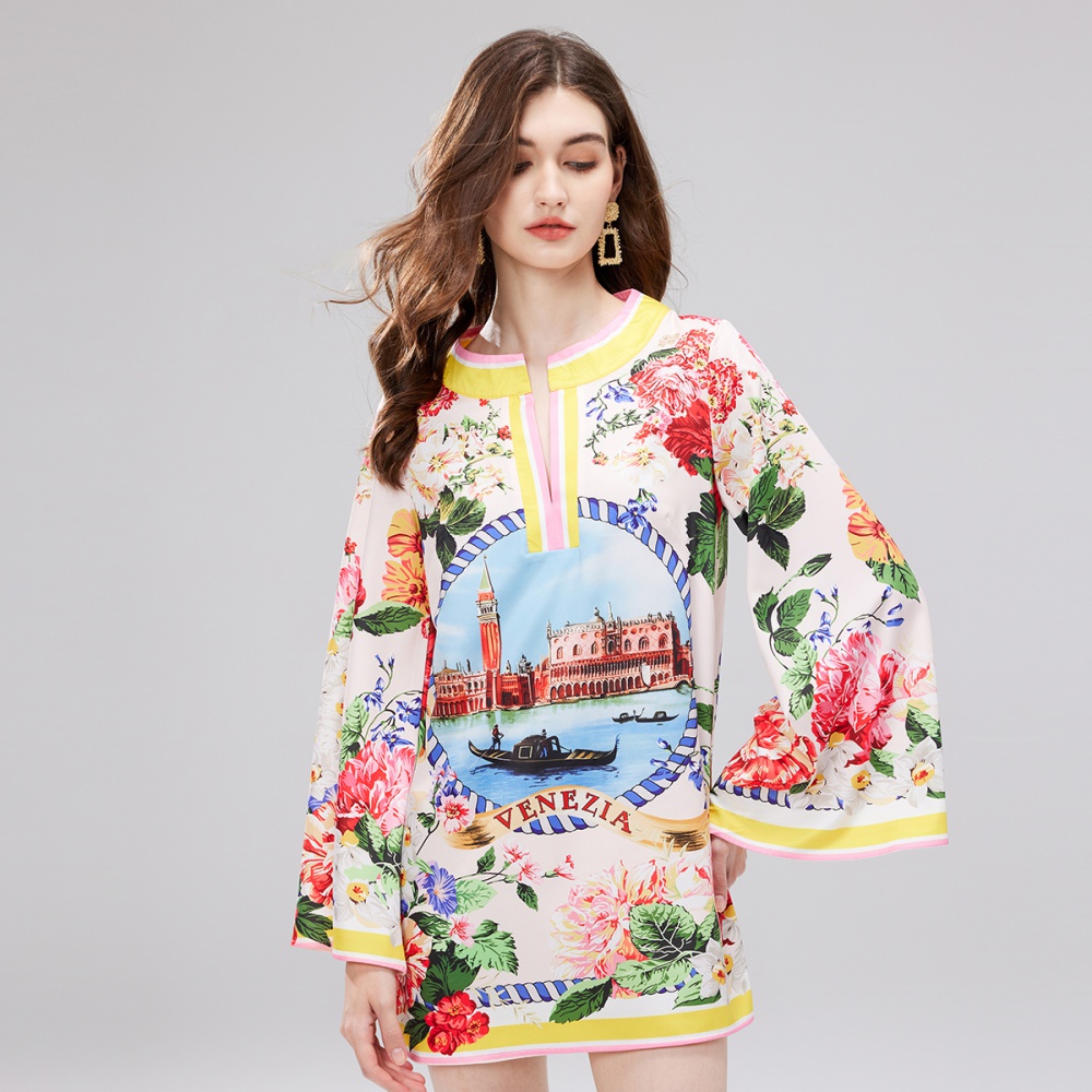 Retro short round neck long sleeve split printing dress