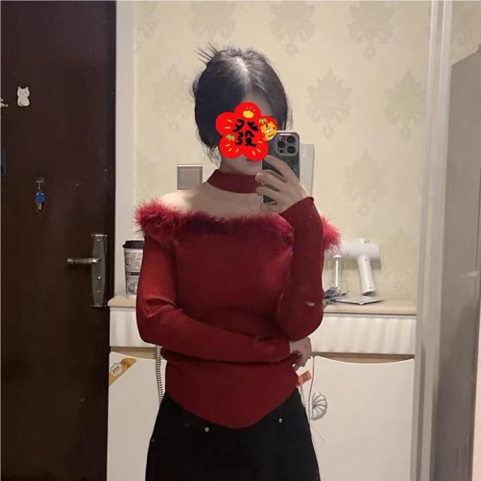 Flat shoulder christmas elmo tops slim sexy sweater