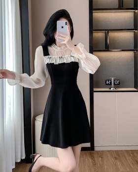 A-line small fellow sweet splice autumn gauze dress