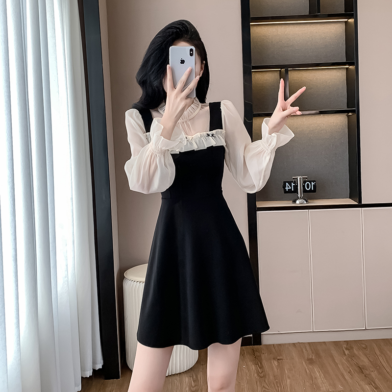 A-line small fellow sweet splice autumn gauze dress