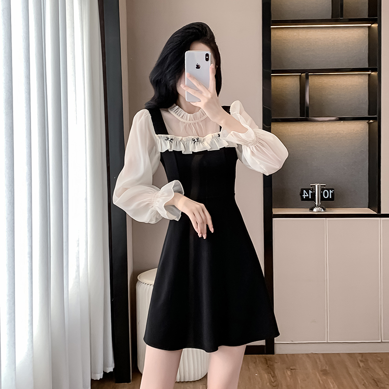 A-line small fellow sweet splice autumn gauze dress