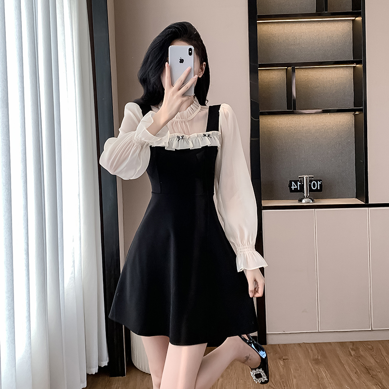 A-line small fellow sweet splice autumn gauze dress