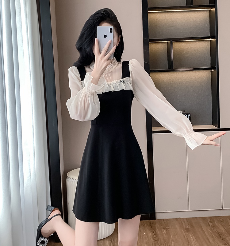 A-line small fellow sweet splice autumn gauze dress