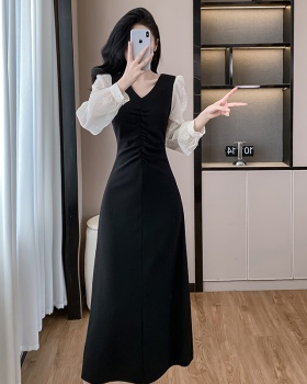 Autumn France style long slim fold temperament V-neck dress