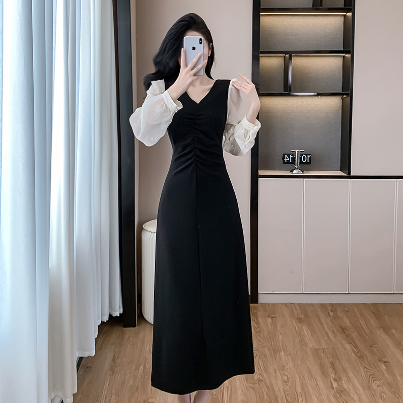 Autumn France style long slim fold temperament V-neck dress