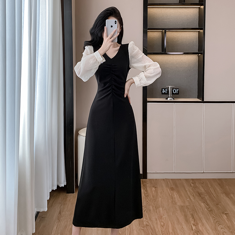 Autumn France style long slim fold temperament V-neck dress