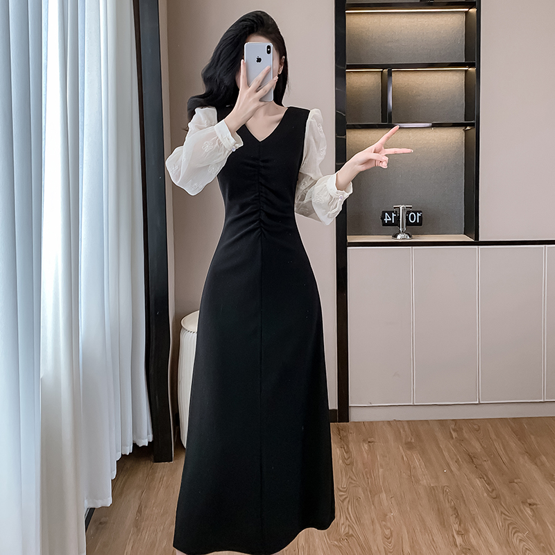 Autumn France style long slim fold temperament V-neck dress