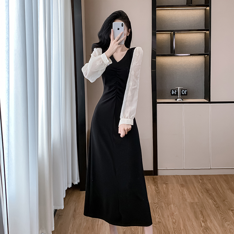 Autumn France style long slim fold temperament V-neck dress