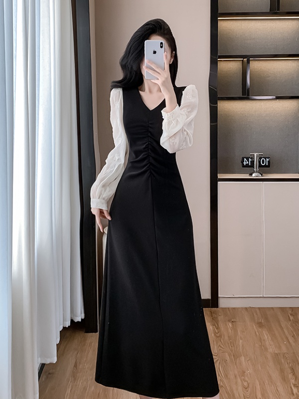 Autumn France style long slim fold temperament V-neck dress