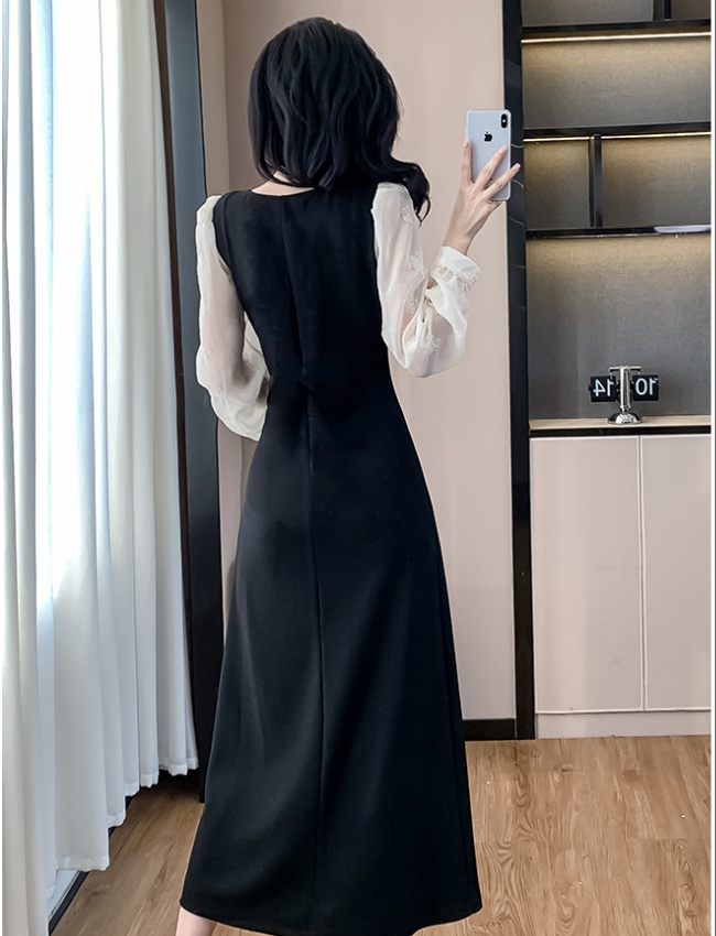 Autumn France style long slim fold temperament V-neck dress