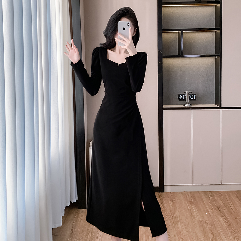 Temperament autumn fold slim ladies square collar dress