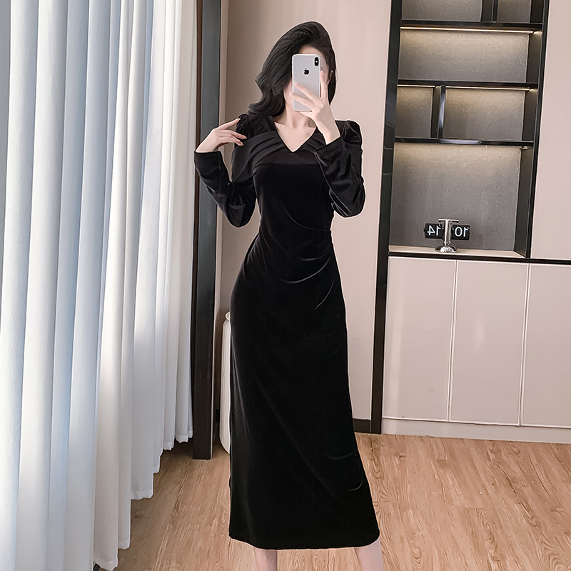 Velvet long pinched waist V-neck autumn fold France style dress