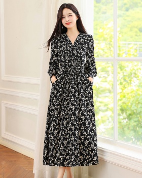 Chiffon floral spring and autumn black dress for women