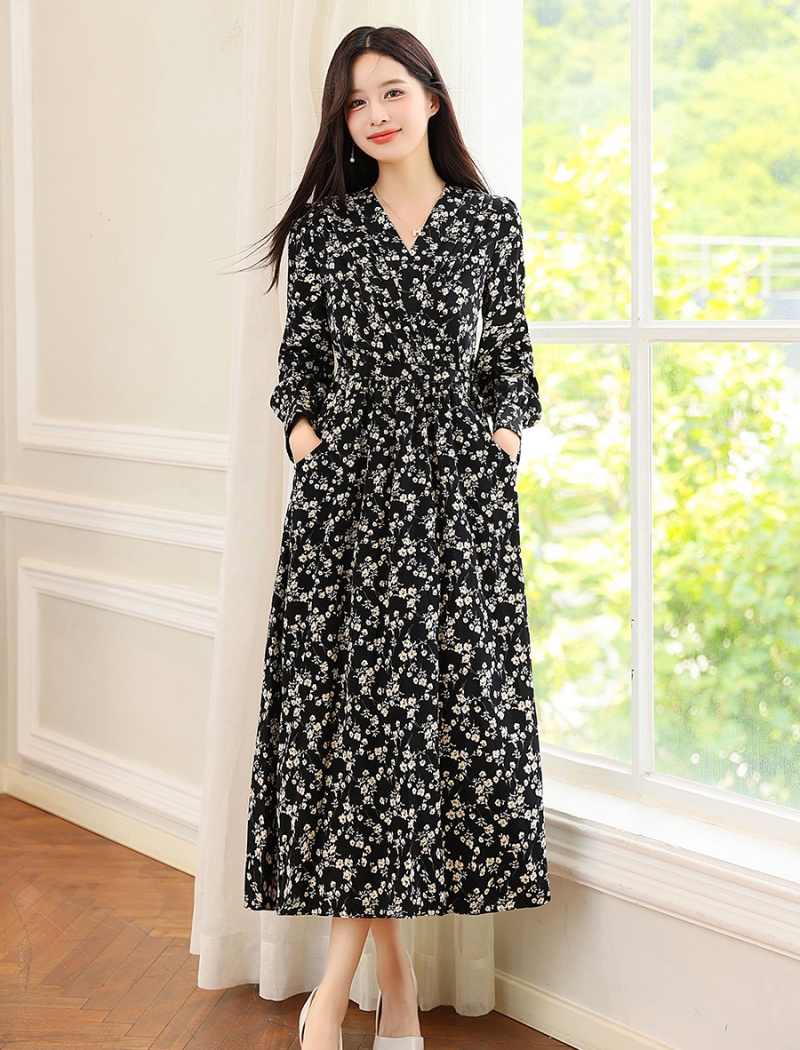 Chiffon floral spring and autumn black dress for women