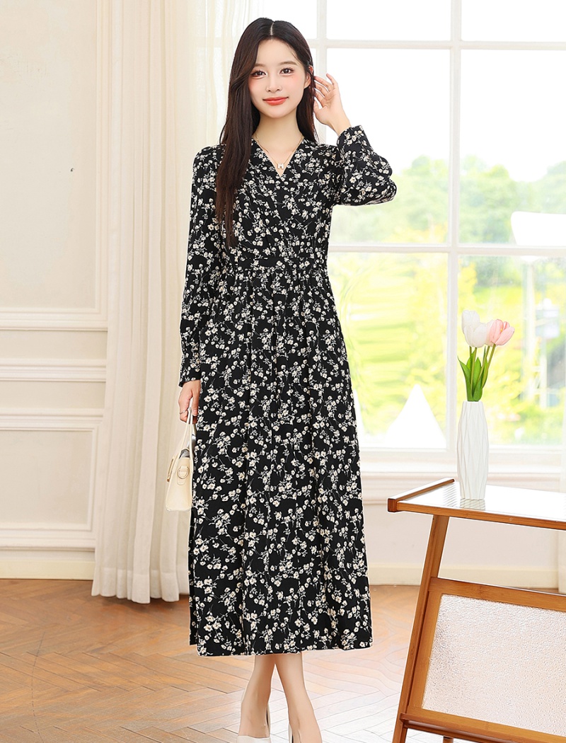 Chiffon floral spring and autumn black dress for women