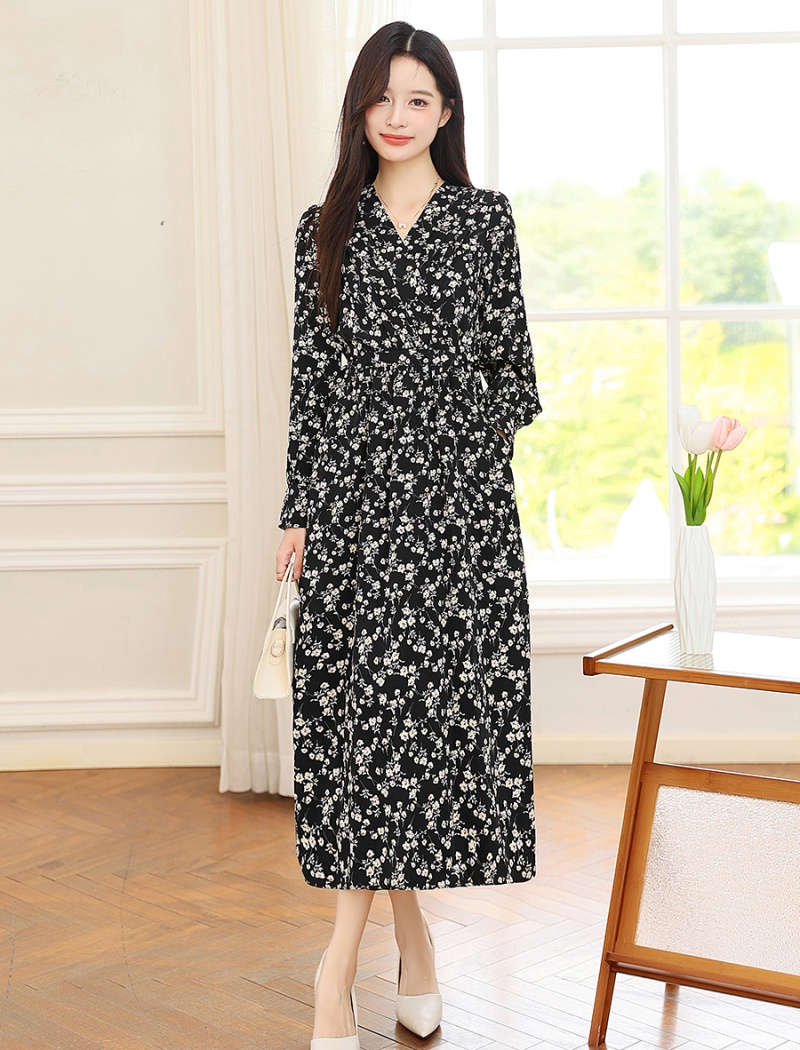 Chiffon floral spring and autumn black dress for women