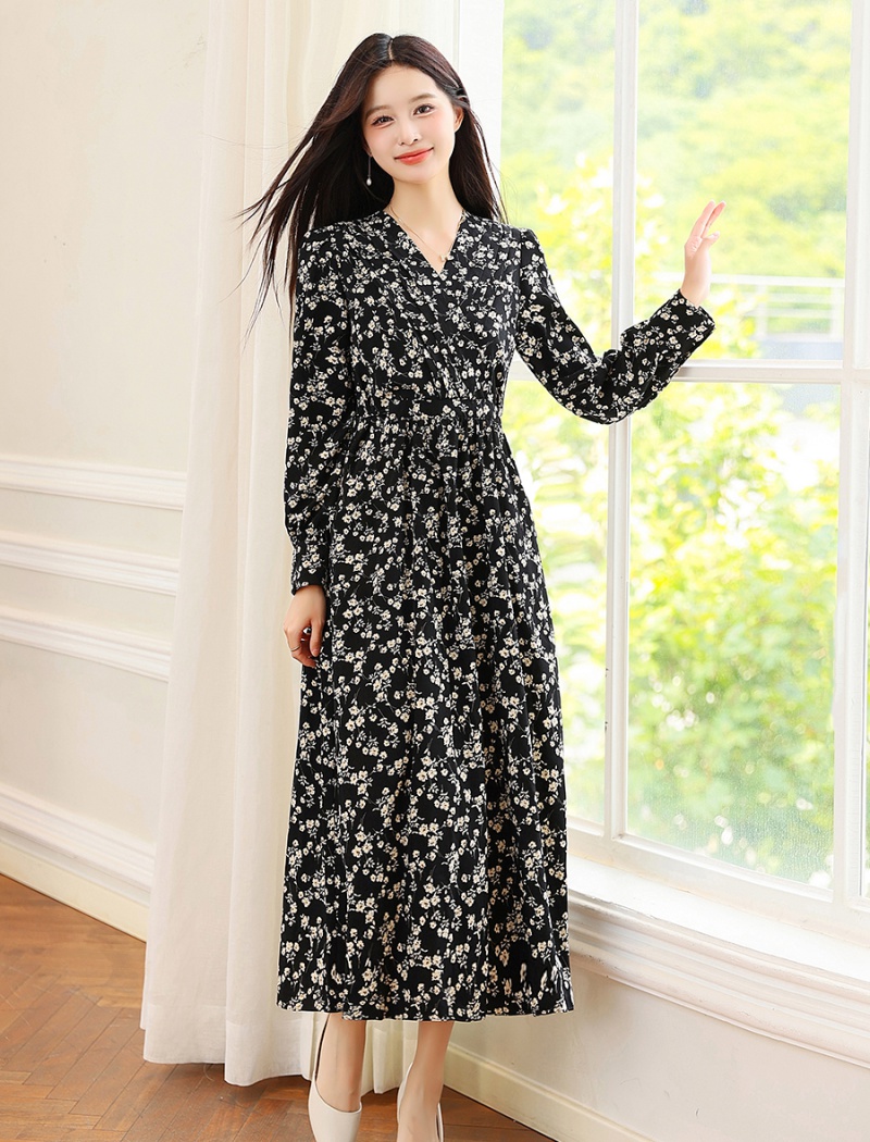 Chiffon floral spring and autumn black dress for women