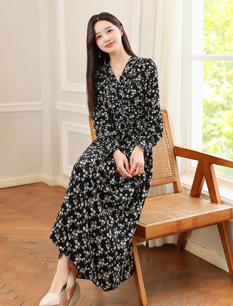 Chiffon floral spring and autumn black dress for women