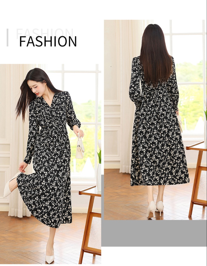 Chiffon floral spring and autumn black dress for women