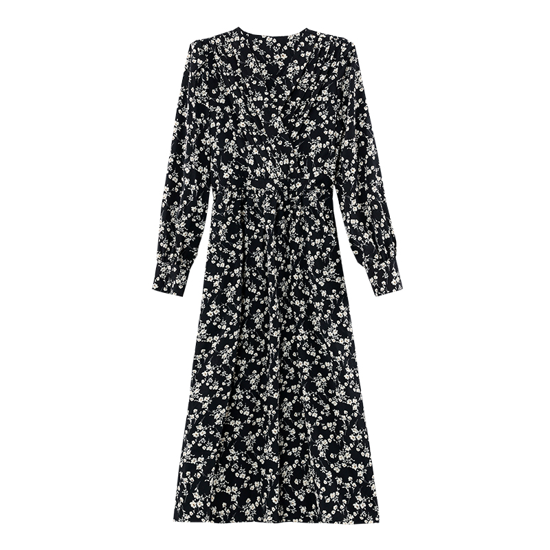 Chiffon floral spring and autumn black dress for women