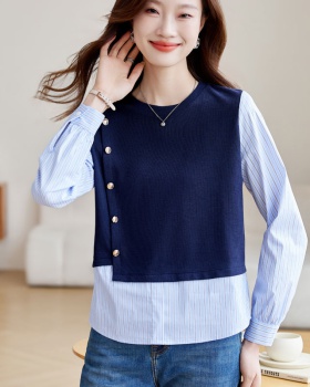 Knitted splice hoodie Pseudo-two long sleeve waistcoat