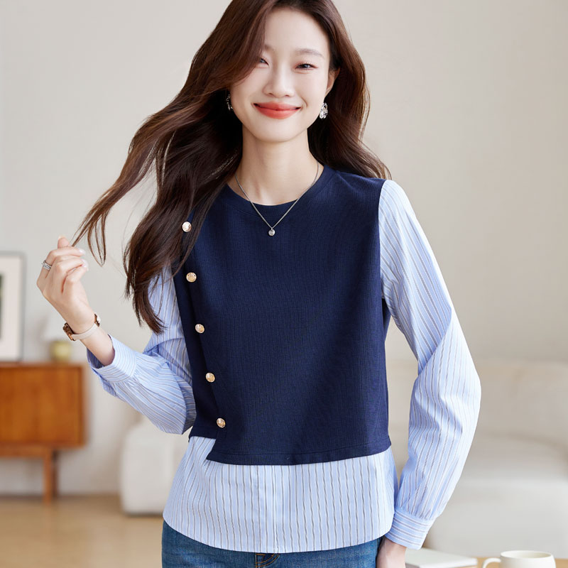 Knitted splice hoodie Pseudo-two long sleeve waistcoat