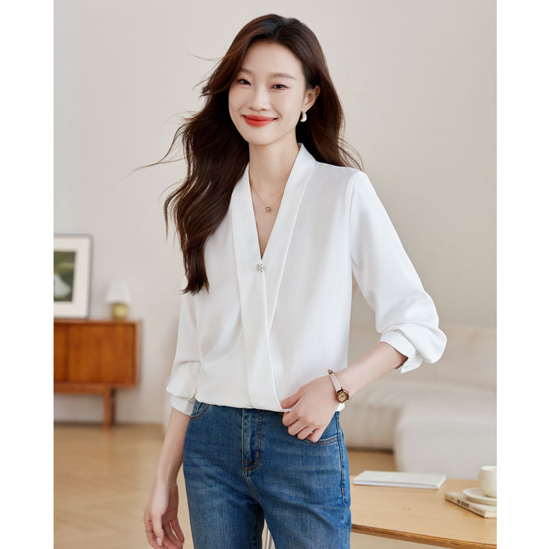 Satin commuting pullover shirt white temperament tops