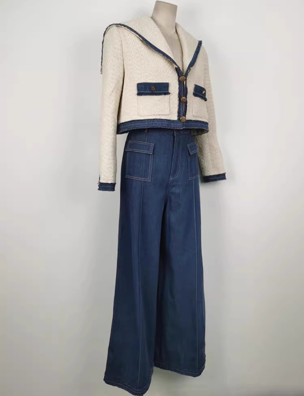 Woolen fashion jacket autumn and winter wide leg pants a set