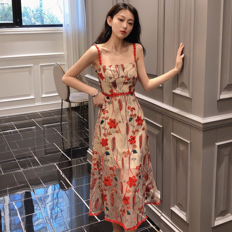 Long Casual France style strap dress floral lace summer dress