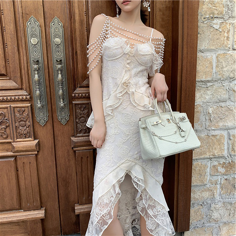 Pearl lace evening dress lotus leaf strap dress for women