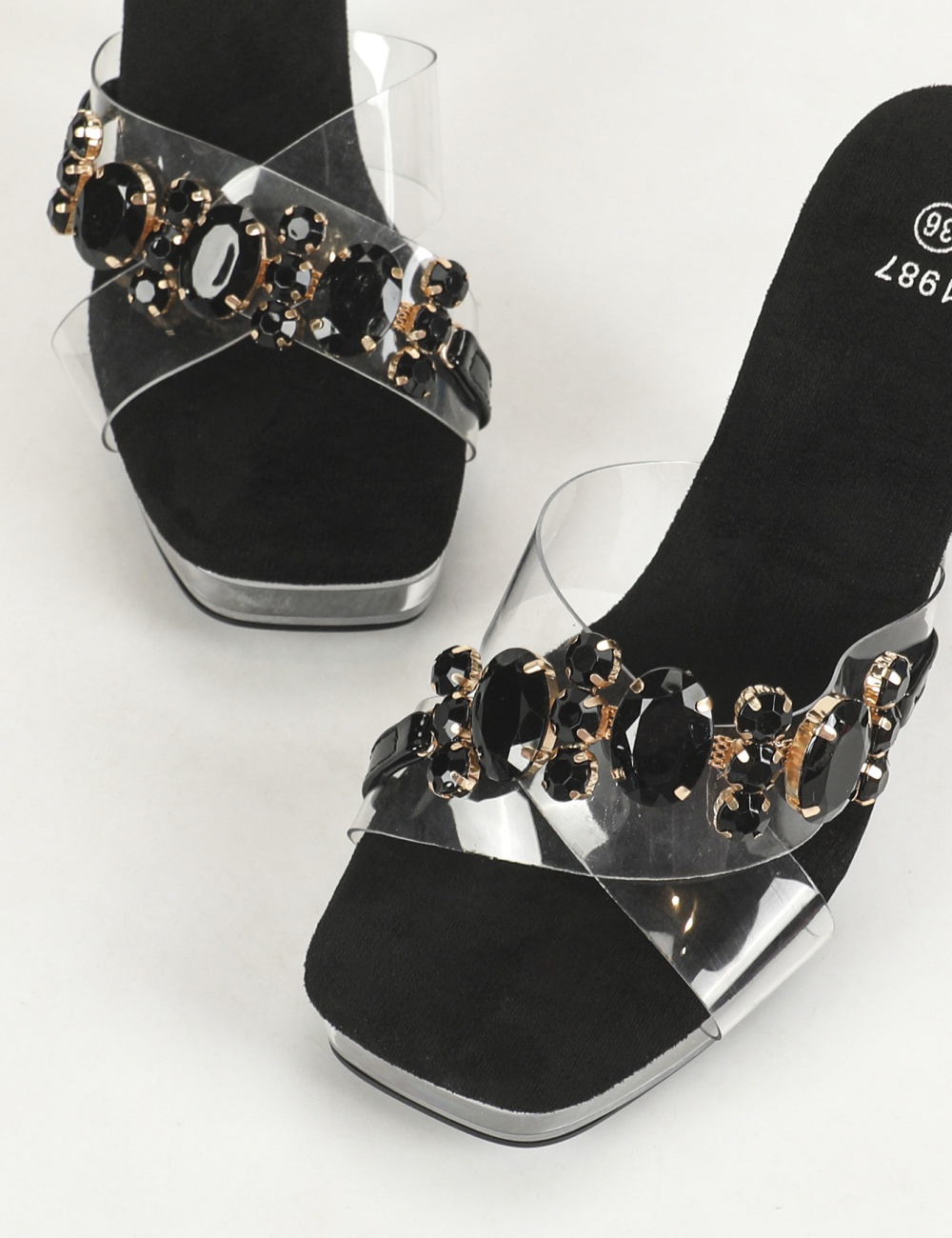 Rhinestone transparent sexy thick square head sandals