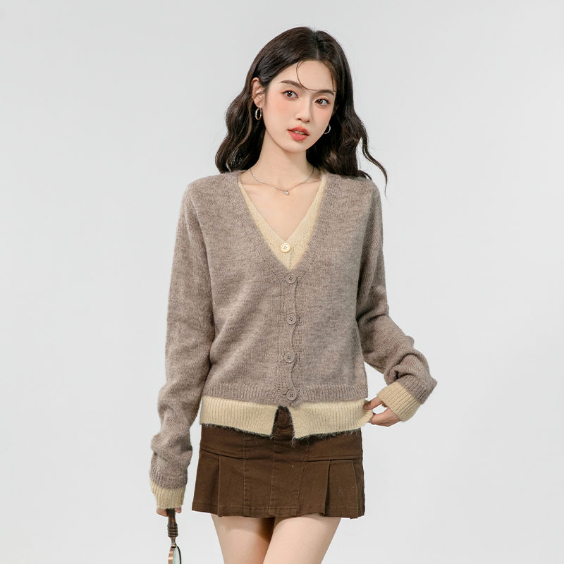 Pseudo-two France style sweater all-match tops a set