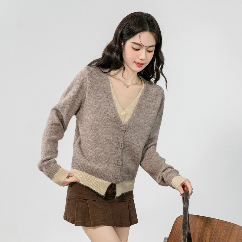 Pseudo-two France style sweater all-match tops a set